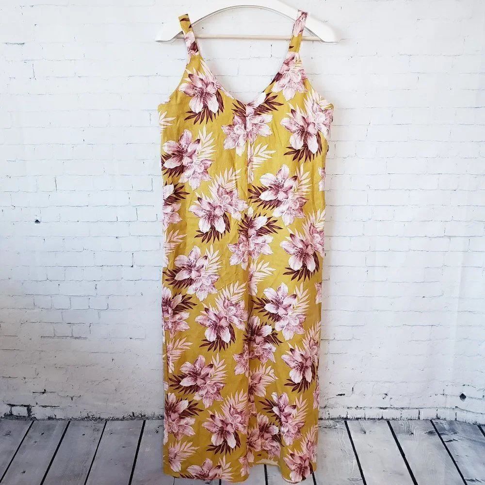 Primark Linen Blend Wide Leg Cropped Jumpsuit Size US 6 Yellow Hawaiian Floral